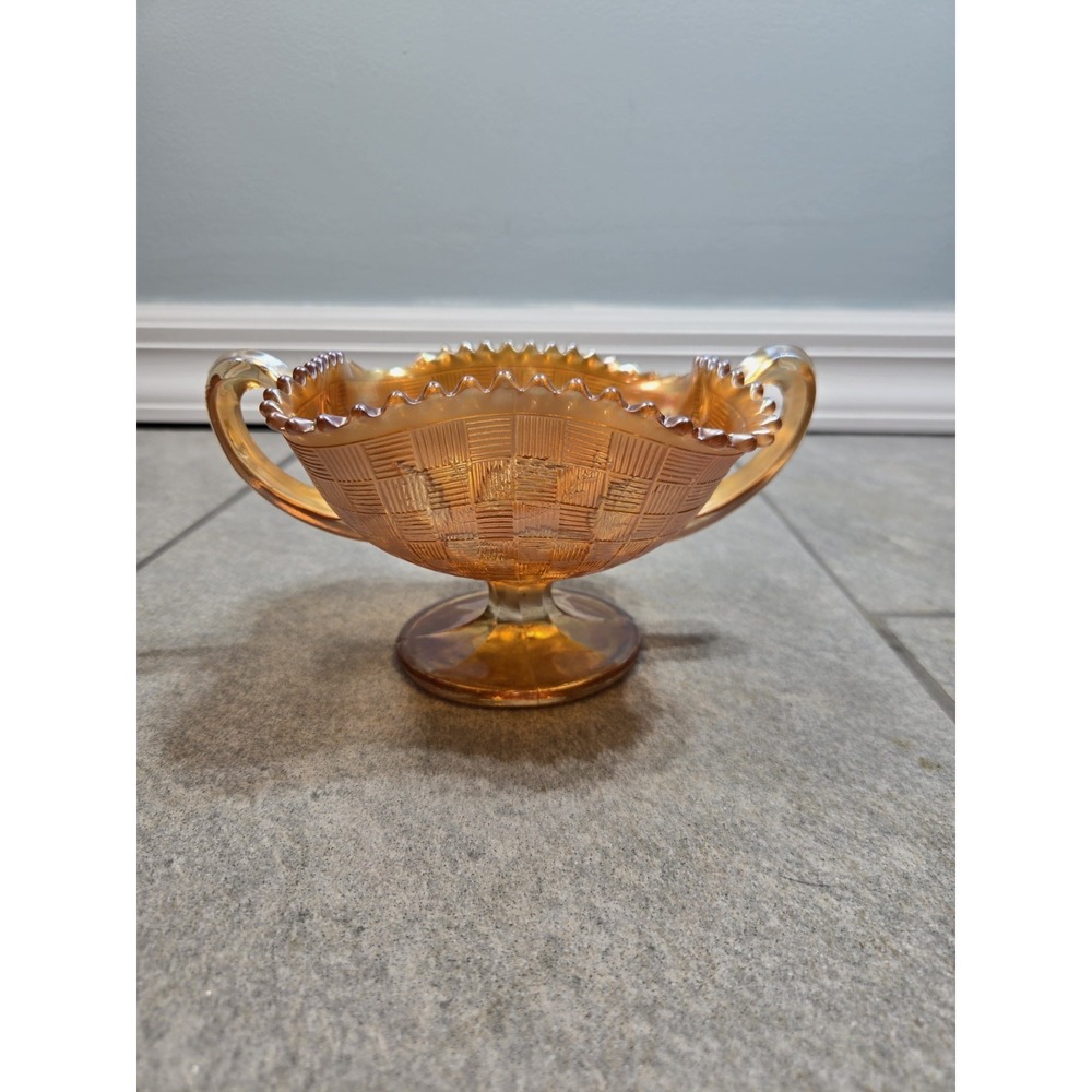 Northwood, Carnival Glass, Marigold, 3 Fruits Basketweave Compote Bowl Mint Cond